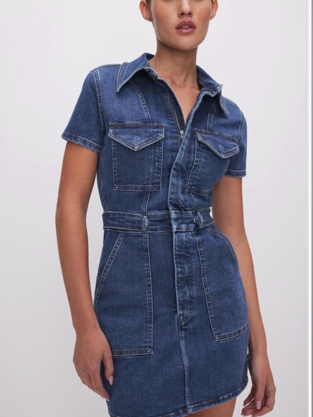 Good American Denim Short-Sleeve Zip Front Dress - Blue